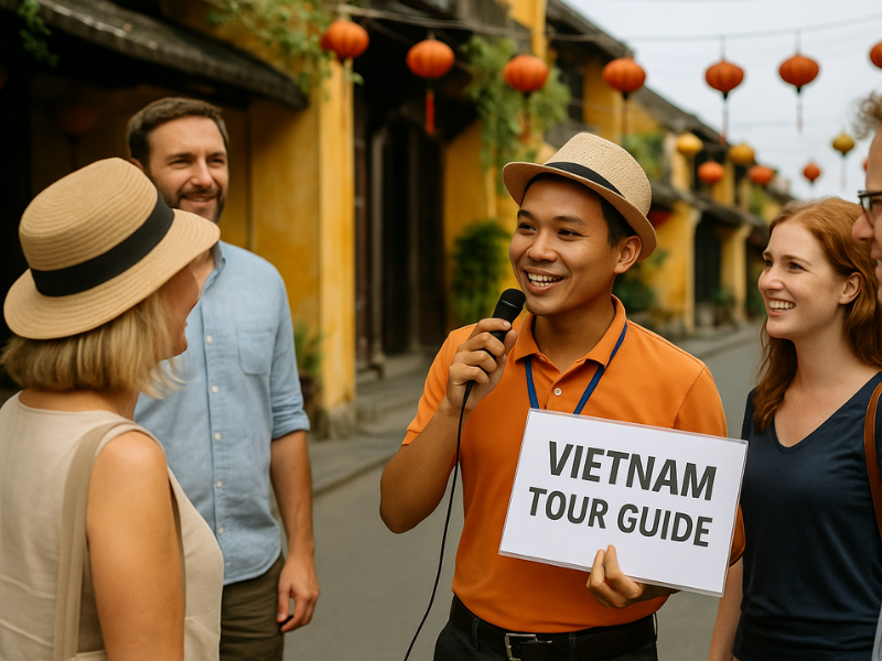 A friendly Vietnamese tour guide speaking to international tourists on a lantern-lined street in Hoi An, Vietnam