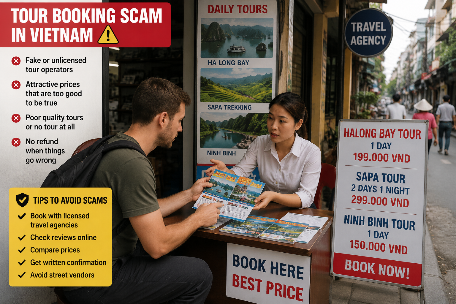 A tourist speaking with a travel agent at a small tour booking office in Vietnam, with warning signs about tour booking scams and suspiciously cheap tour prices
