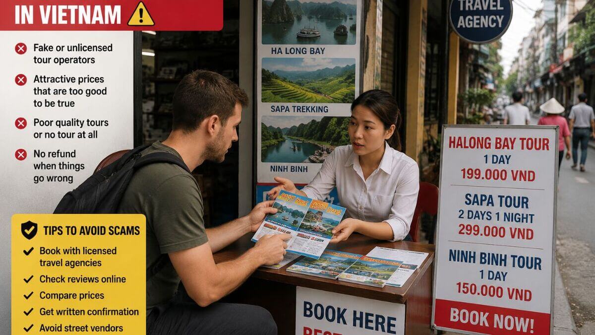 A tourist discusses tour packages with a travel agent in Vietnam while learning how to avoid tour booking scams and fake travel agencies.