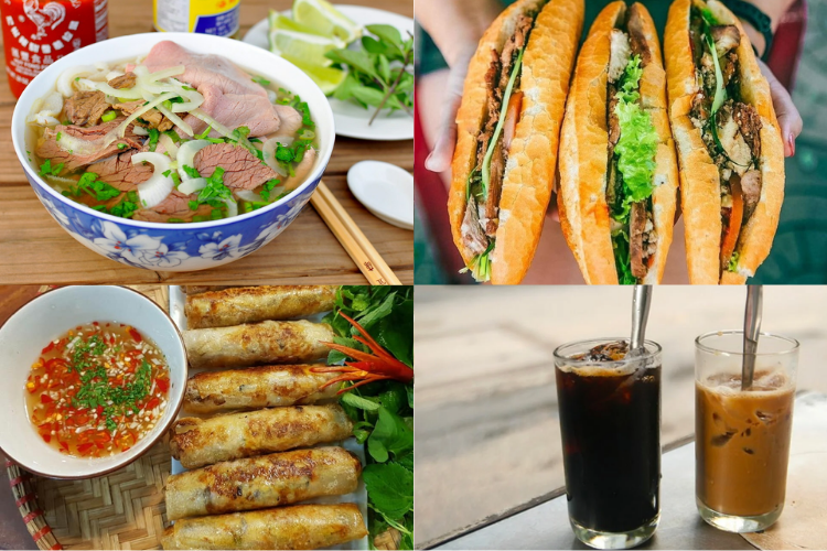 A collage of popular Vietnamese foods including pho, banh mi, spring rolls, and Vietnamese iced coffee