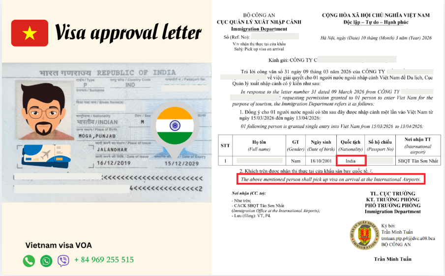 A Vietnam visa approval letter for an Indian traveler displayed alongside an Indian passport and travel-themed graphics