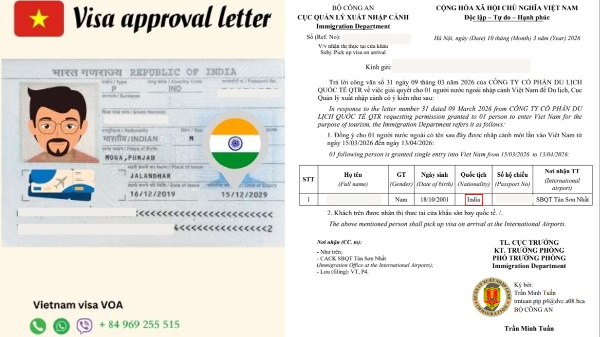 Indian traveler receiving a Vietnam Visa on Arrival at a Vietnamese international airport after presenting a visa approval letter.