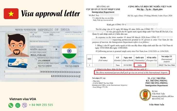 Vietnam visa approval letter for Indian citizens showing personal details, visa information, and official authorization stamp.