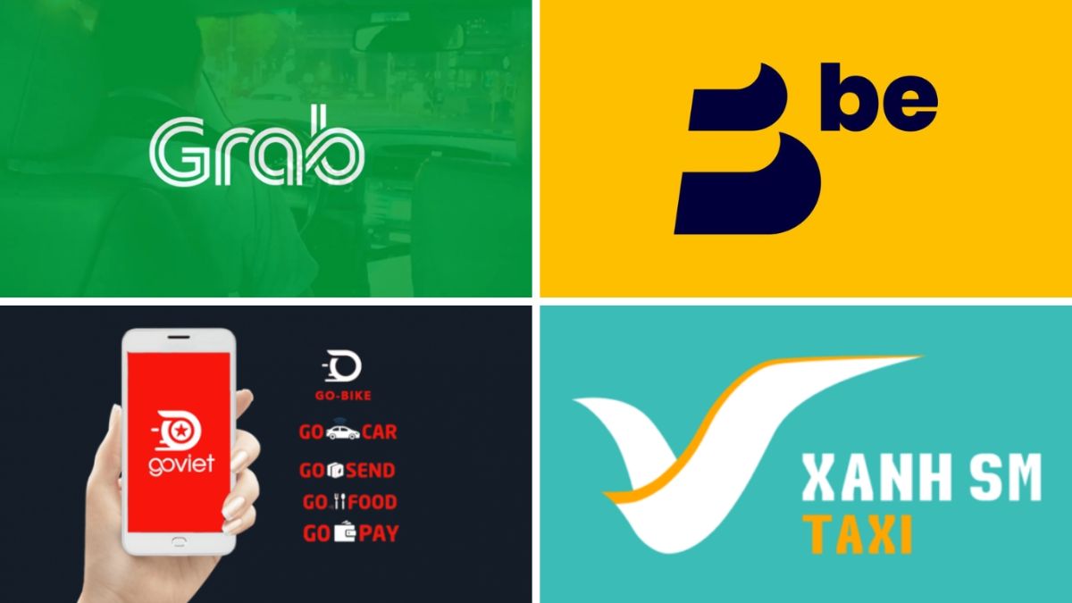 Collage featuring popular ride-hailing apps in Vietnam, including Grab, Be, GoViet, and Xanh SM Taxi, commonly used for airport transfers and city transportation.