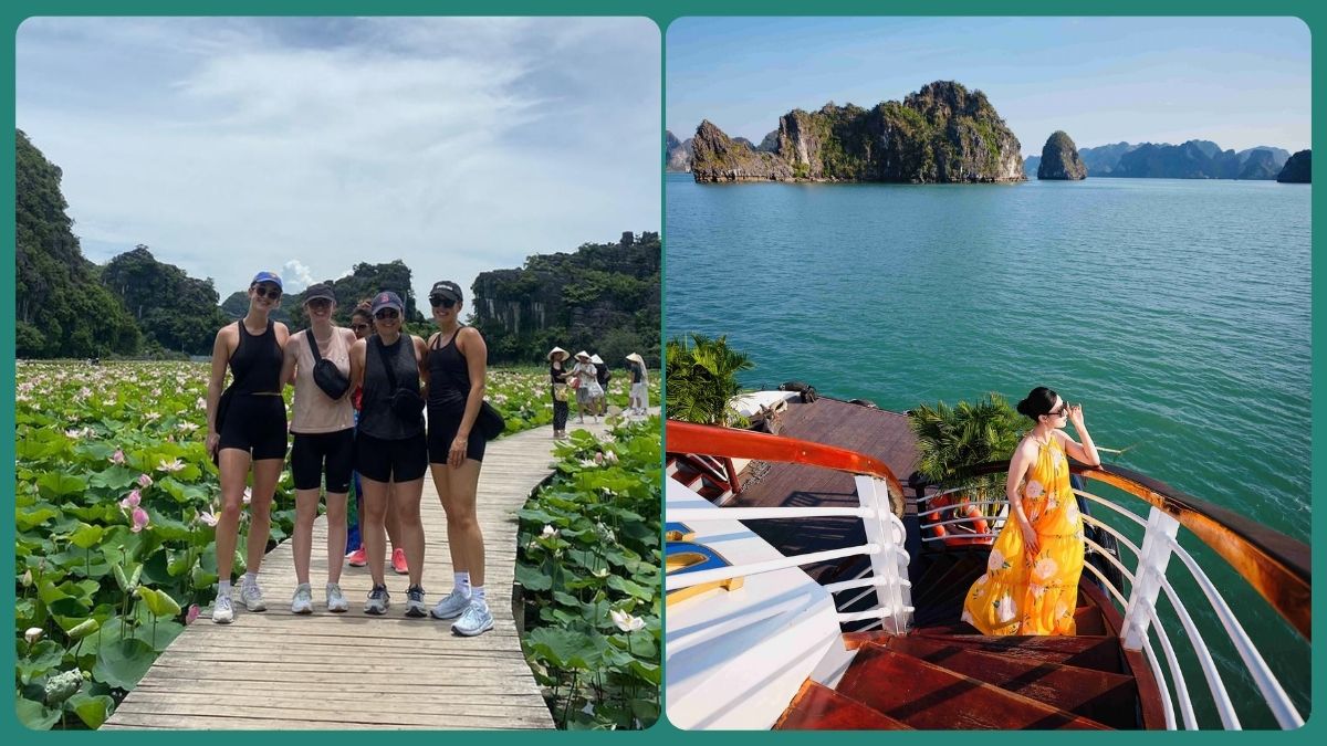 A split image comparing Ninh Binh and Ha Long Bay, featuring tourists walking through a lotus field in Ninh Binh on the left and a traveler enjoying panoramic views from a cruise ship in Ha Long Bay on the right.