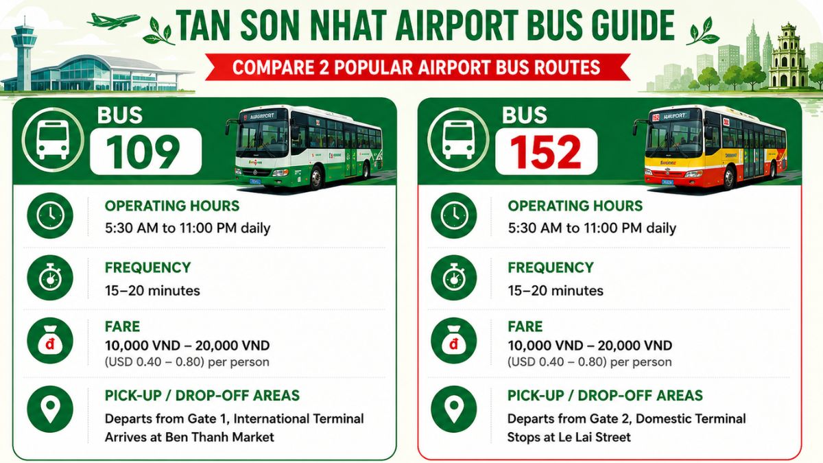 Tan Son Nhat Airport Bus Guide infographic comparing Bus 109 and Bus 152, including operating hours, frequency, fares, and pick-up/drop-off locations for travelers in Ho Chi Minh City.