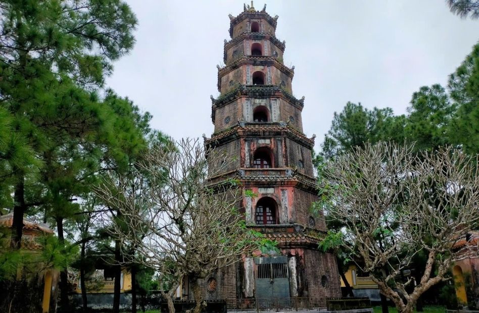 Aerial view of Thien Mu Pagoda in Hue, Vietnam
