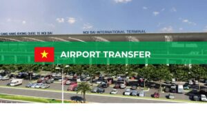 Vietnam airport transfer service banner featuring Noi Bai International Terminal with a Vietnam flag and airport parking area.