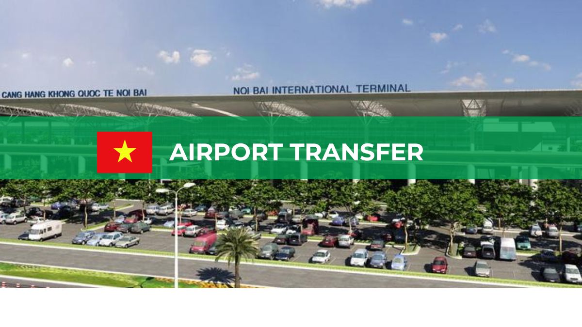Vietnam airport transfer service banner featuring Noi Bai International Terminal with a Vietnam flag and airport parking area.