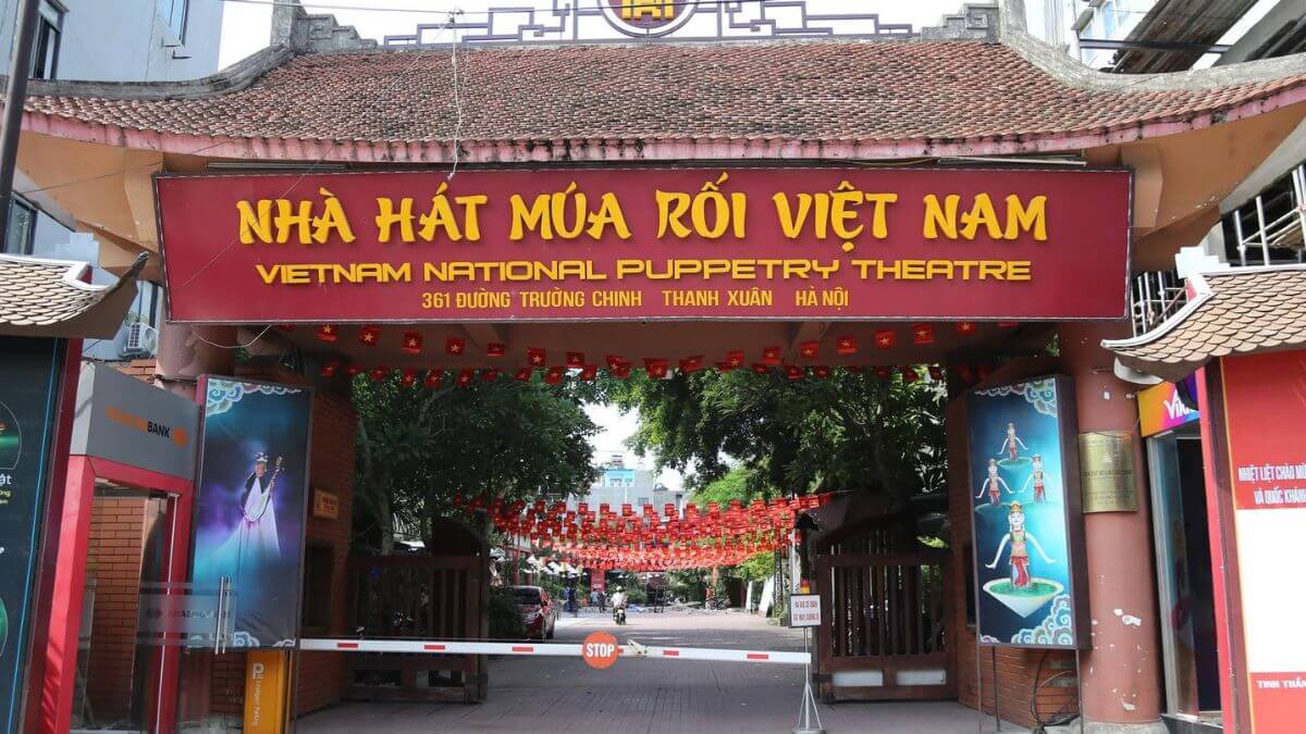 Entrance of Vietnam National Puppetry Theatre in Hanoi, a renowned venue for traditional Vietnamese water puppet and puppet performances.