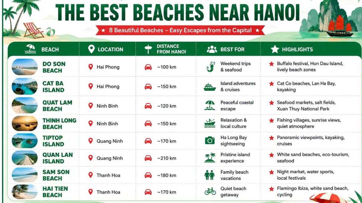 Quick comparison infographic of the best beaches near Hanoi, featuring Do Son Beach, Cat Ba Island, Quat Lam Beach, Thinh Long Beach, Tiptop Island, Quan Lan Island, Sam Son Beach, and Hai Tien Beach with location, distance, best for, and highlights.