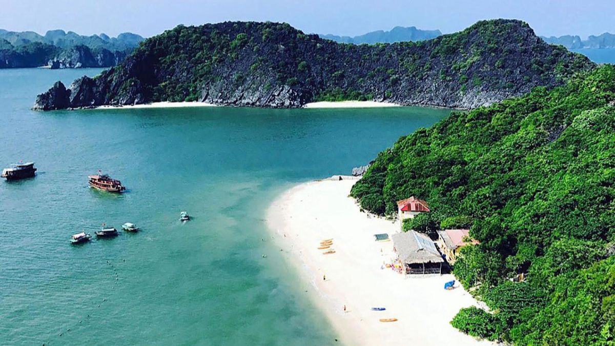 Beautiful Cat Ba Beach with emerald water, limestone mountains, and visitors relaxing on the sandy shoreline.