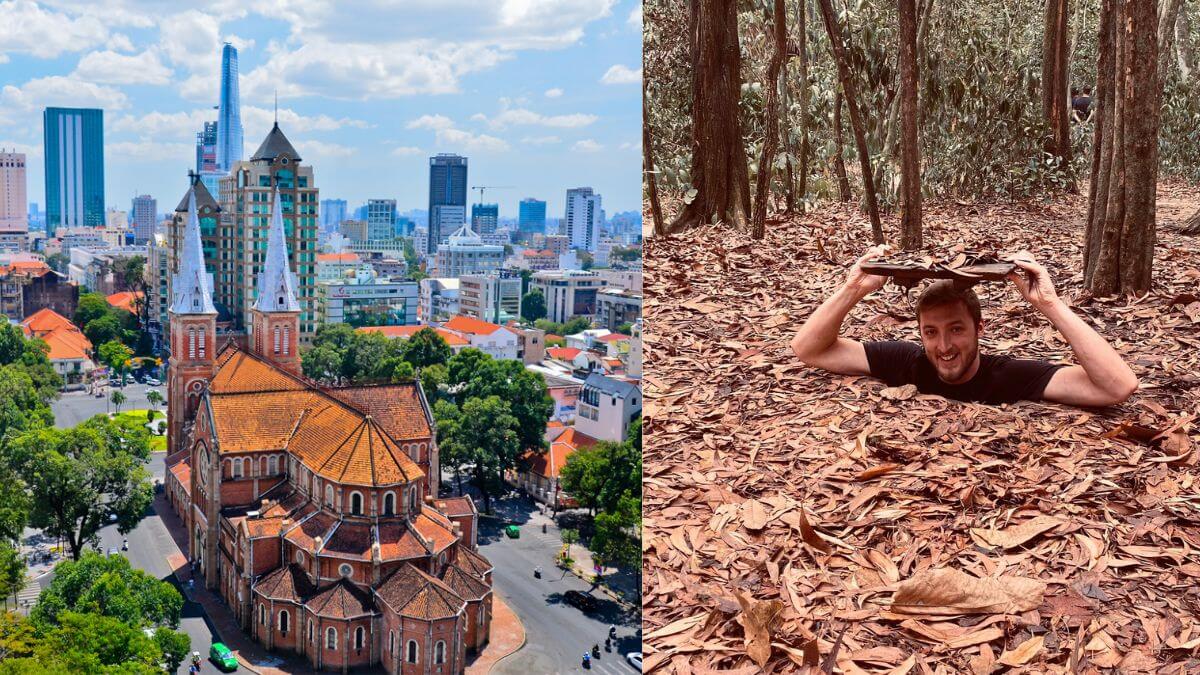 Notre Dame Cathedral and the Cu Chi Tunnels hidden entrance near Ho Chi Minh City, Vietnam.