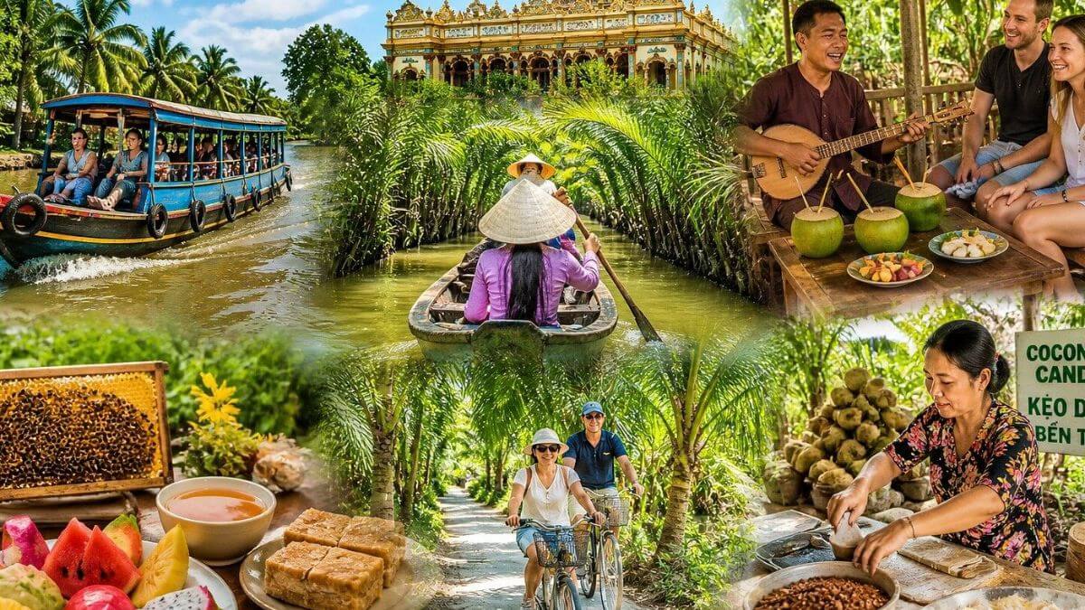 Collage of Mekong Delta experiences featuring a river boat cruise, sampan ride through coconut canals, traditional folk music performance, tropical fruit tasting, cycling on village paths, coconut candy making, and a historic riverside house in southern Vietnam.