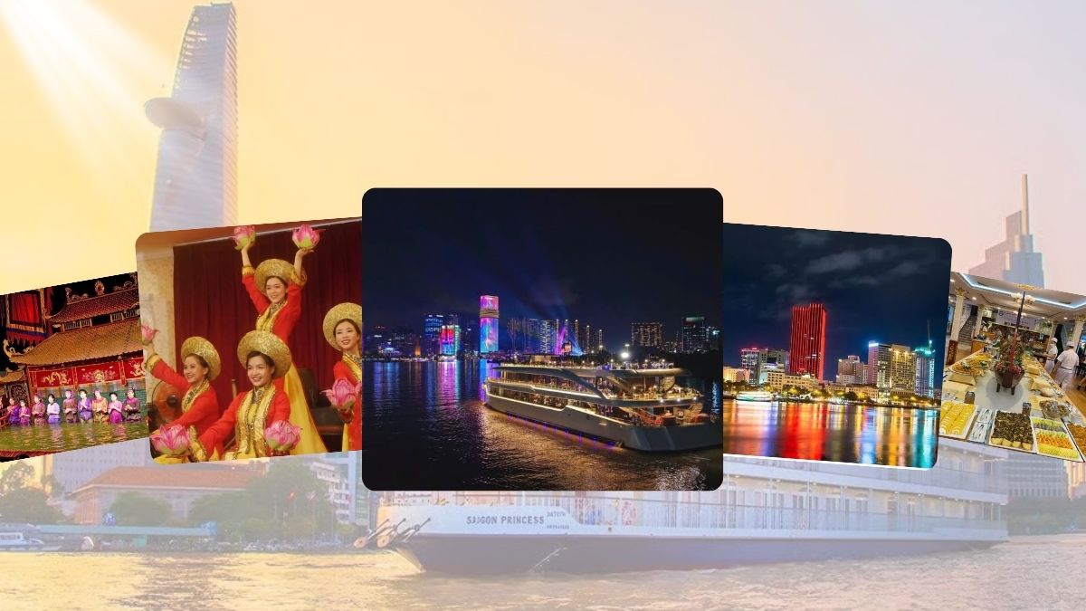 Collage showcasing a Saigon River dinner cruise, Vietnamese water puppet show, live cultural performance, buffet dinner, and the illuminated Ho Chi Minh City skyline.